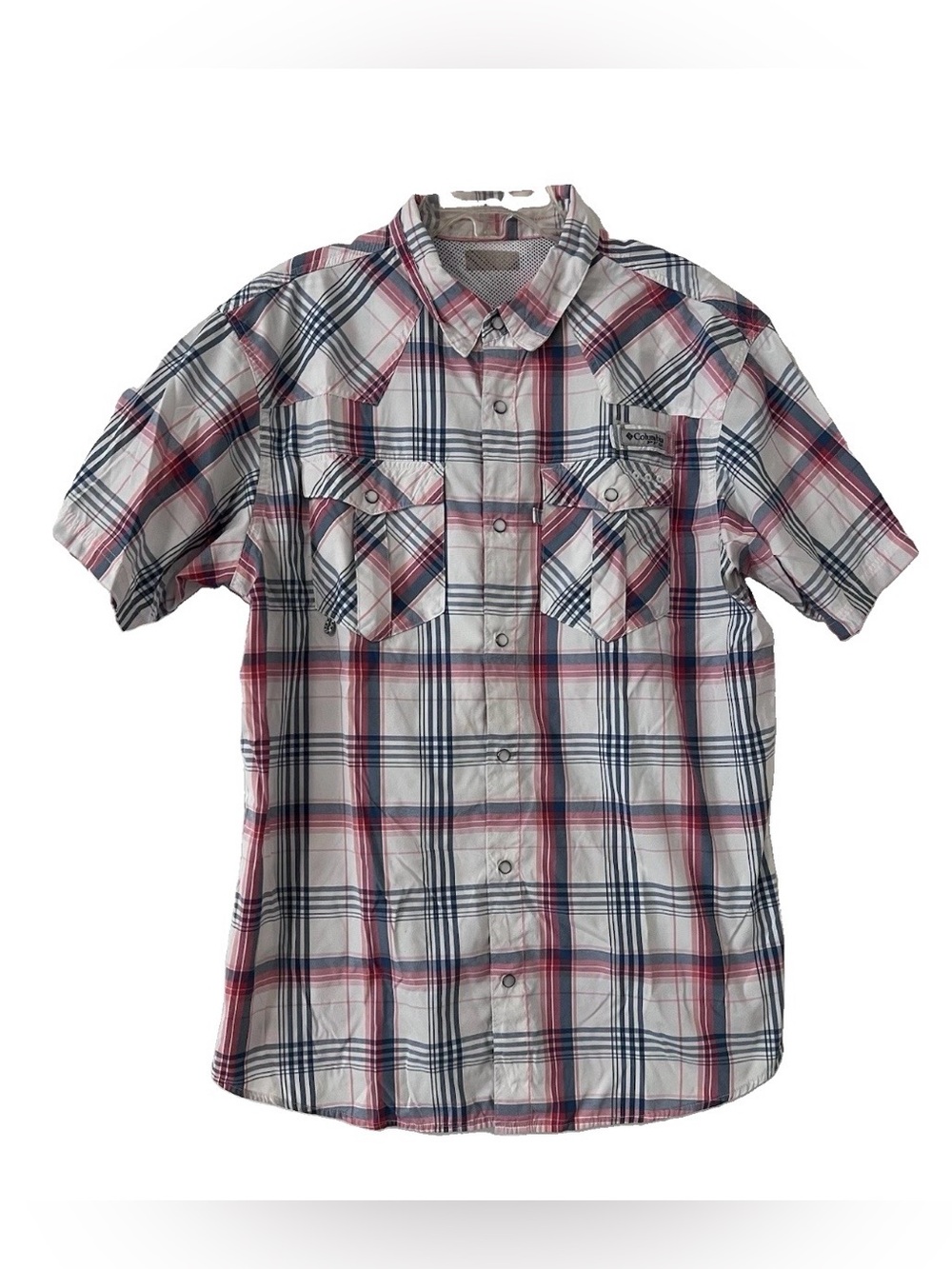 Columbia PFG Performance Fishing Gear Short Sleeve Shirt Plaid White Blue Red XL